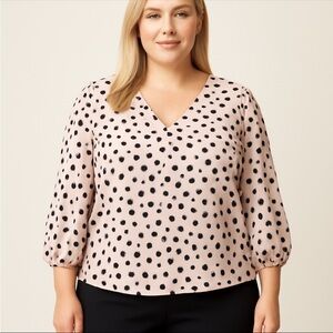 Adrianna Papell Women’s V-Neck 3/4 Puff Sleeve Blouse Pink/Black Polkadots 1X
